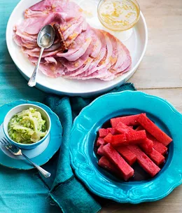 Baked Berkshire ham with lemon jam, pickled onion and red melon