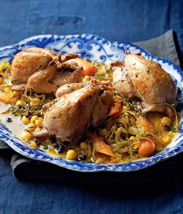 Quail stewed with melting onions, saffron and chickpeas