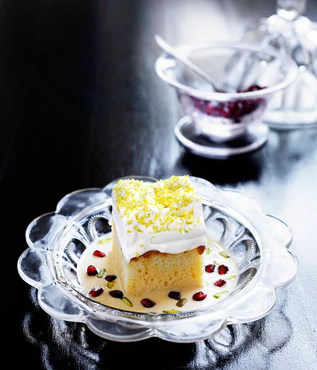 Milk cake with pomegranate and pistachio