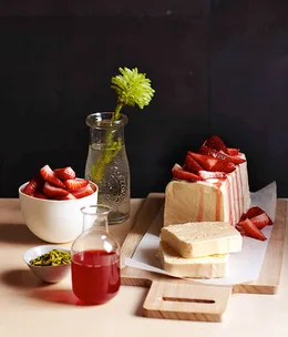 Mastic parfait with pistachio, strawberry and rose