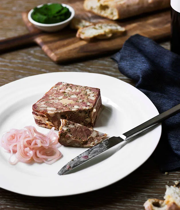 Chicken liver and foie gras pâté with pickled shallots and parsley purée