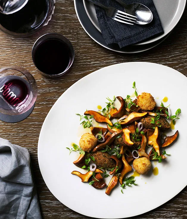 Pine mushroom salad with Gruyère beignets