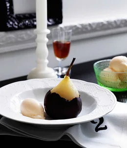 Poached pears with Gorgonzola dolcelatte gelato