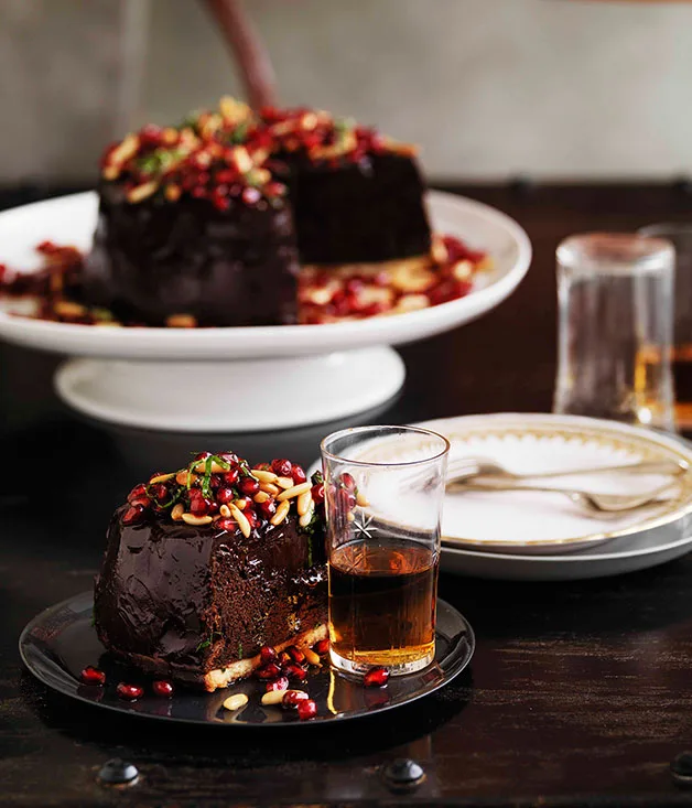 Shane Delia: Chocolate mousse tart with pomegranates and pine nuts