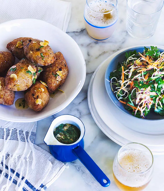 George Calombaris: Pork and prawn koupes with honey dressing and parsley coleslaw