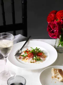 Guy Grossi: Kingfish carpaccio with blood orange, capers, watercress and piquillo