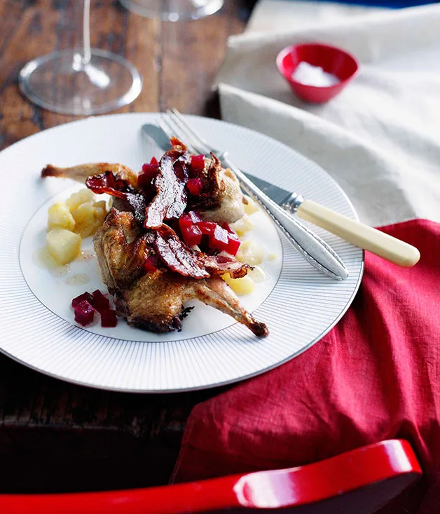 Shane Osborn: Roast quail with crushed apple, beetroot and streaky bacon