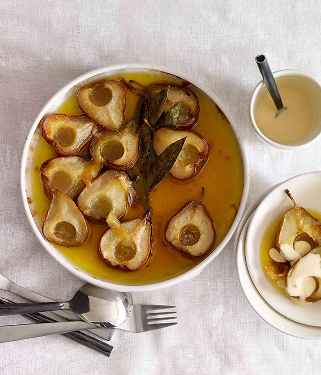 Bay-roasted pears with grappa and almond crema