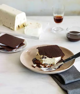 Chocolate Florentine wafer and honey semifreddo “tramezzino”