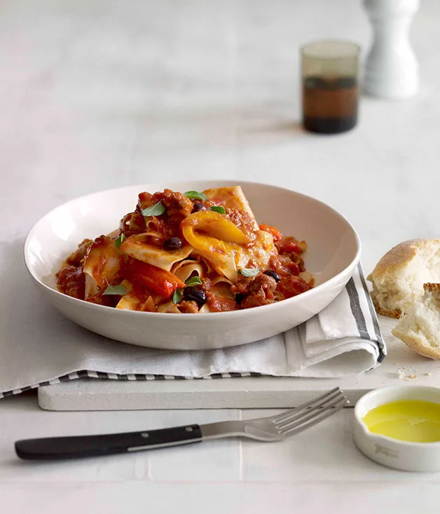 Pappardelle with salsiccia, roast pepper ragù and wild olives