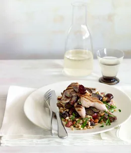 Char-grilled quail, farro and prosciutto salad