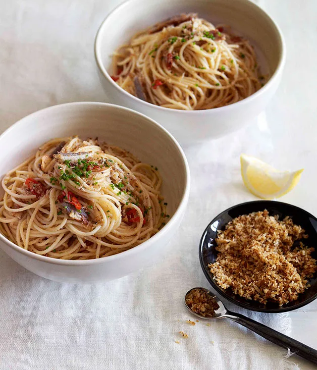 Spaghettini with smoked eel, garlic, chilli and pangrattato