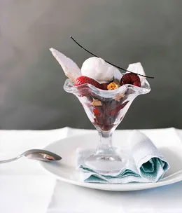 Strawberries with chilled spiced wine, yoghurt sorbet and shortcake