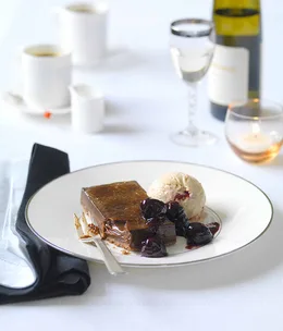 Chocolate brûlée tart with cherry parfait