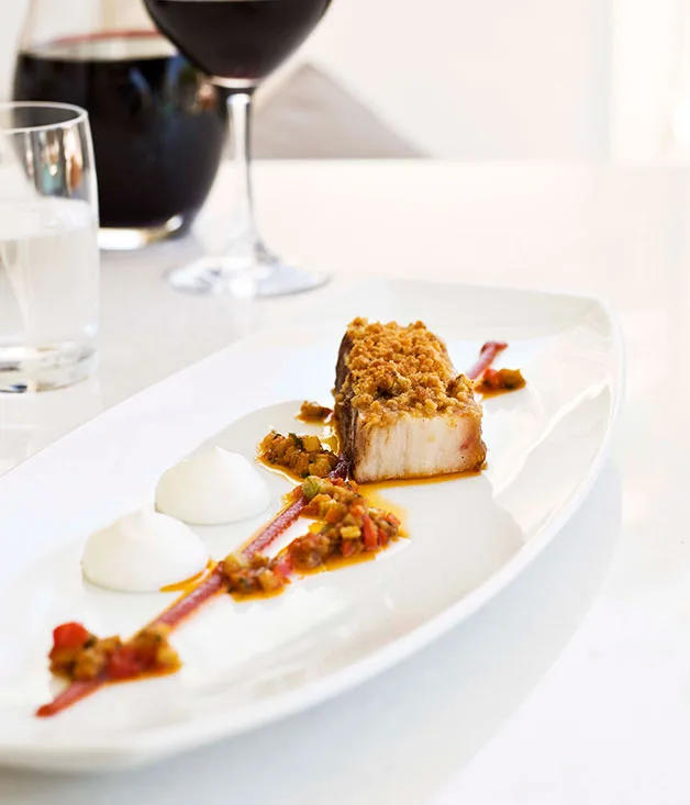 Pork belly with moussaka vinaigrette