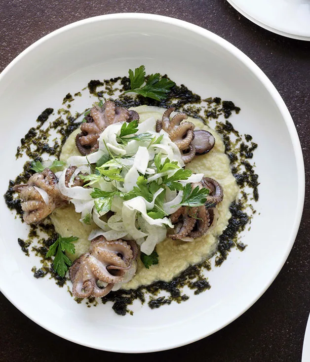 Grilled octopus with fennel, chickpea purée and wild seaweed dressing