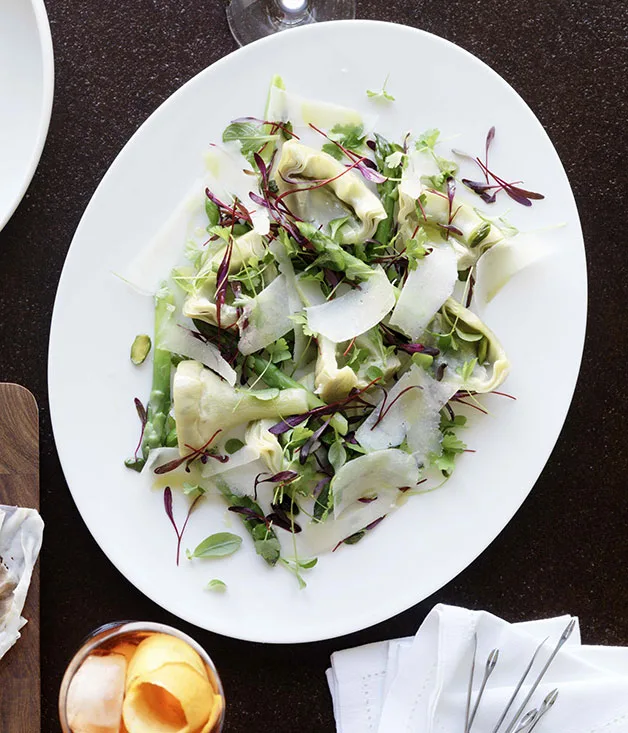 Braised artichokes with asparagus and pecorino