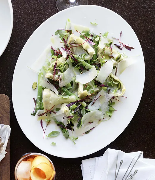 Braised artichokes with asparagus and pecorino