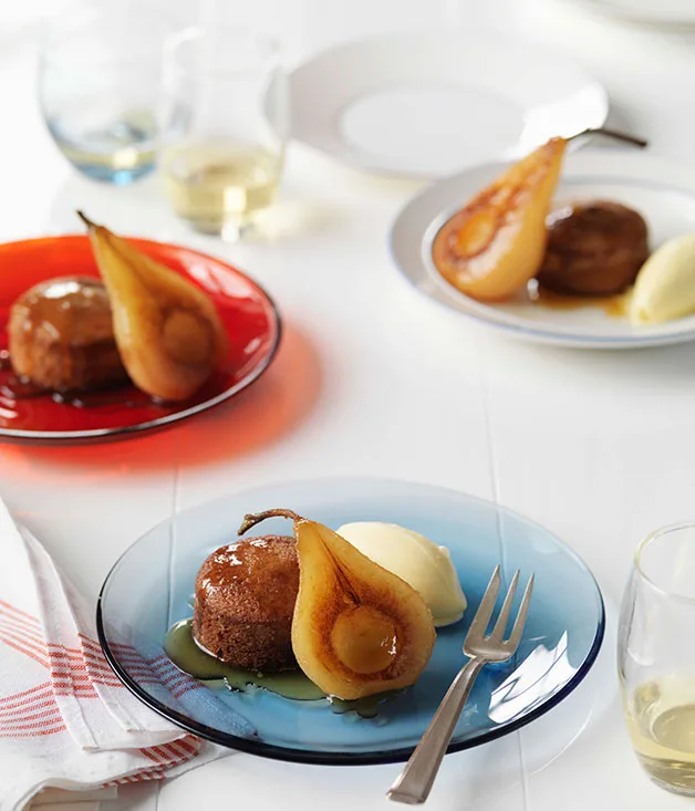 Spiced financières with poached pears and vanilla ice-cream