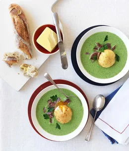 Parsley velouté with crisp poached egg and ham hock