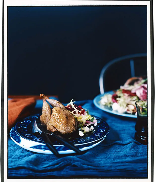 Pickled quails with bitter autumn leaves and barrel-aged feta
