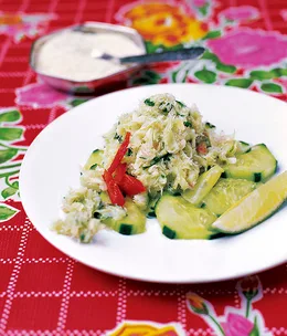 Shredded salt cod on a cucumber salad