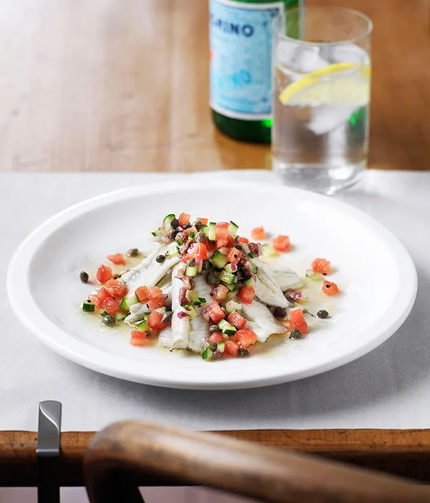 Grilled garfish fillets with cucumber, tomato and anchovy salsa