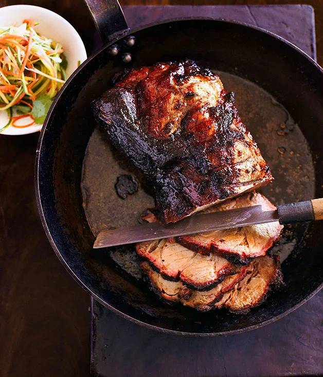 Roast glazed marinated pork with cucumber salad