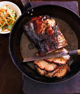 Roast glazed marinated pork with cucumber salad