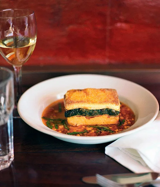 Lasagne of spinach, polenta and goat&rsquo;s curd