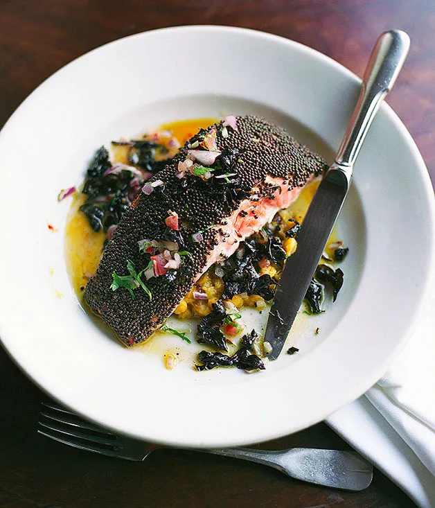 Brown mustard seed ocean trout with black basil butter
