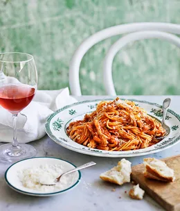 Mum’s spaghettini with braised chicken, tomato and rosemary sauce