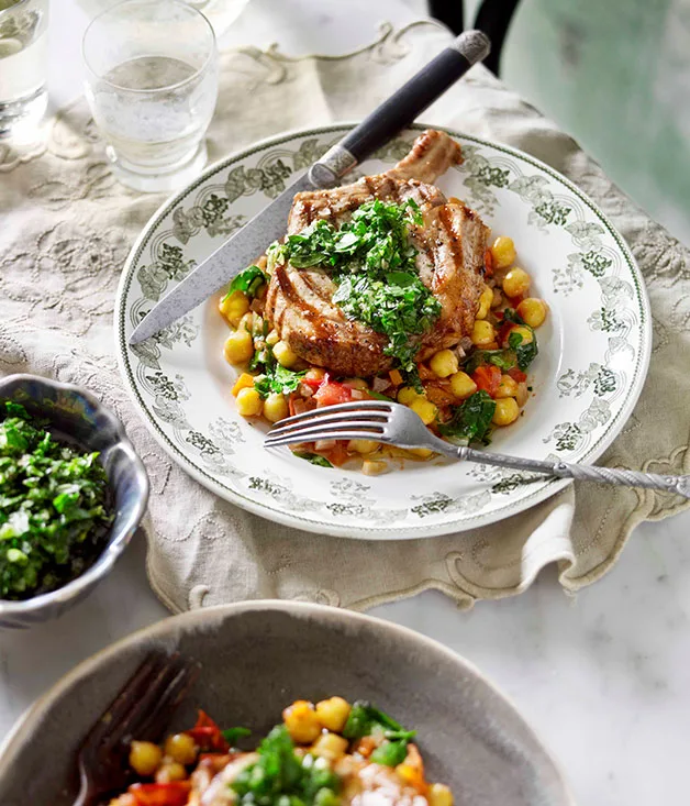 Rare-breed pork with chickpeas in zimino and salsa verde