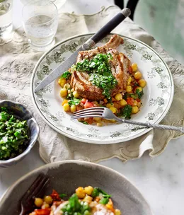Rare-breed pork with chickpeas in zimino and salsa verde