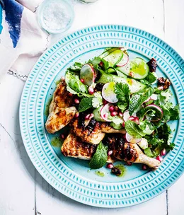 Coal-grilled spatchcock with fenugreek, coriander and walnuts