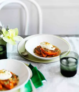 Poached pumpkin with labne and walnut praline