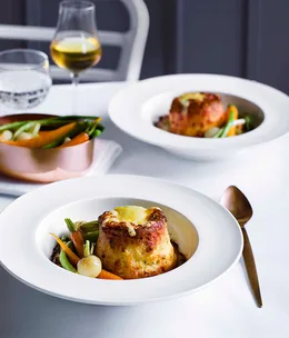 Twice-baked Gruyère soufflés with baby vegetables