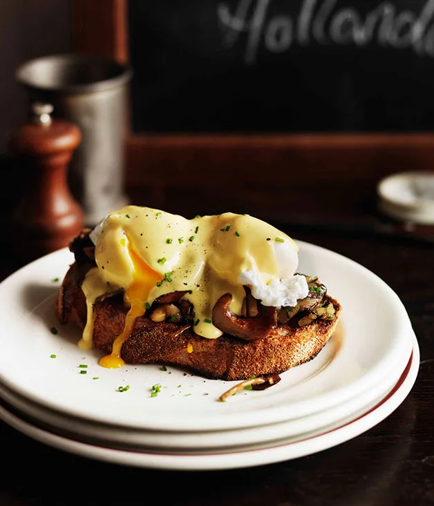 Mushrooms on toast with poached eggs and hollandaise