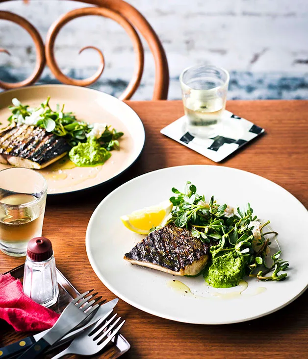 Grilled bonito with baby gem dressing and purslane