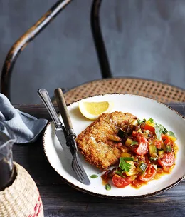 Crumbed veal scaloppine with caponata