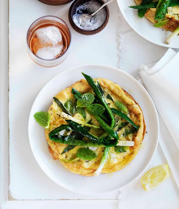 Char-grilled leek, chèvre and mint omelettes