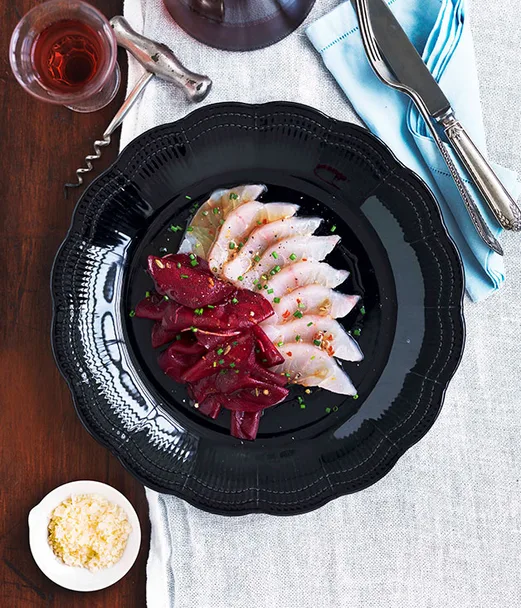 Sashimi of mulloway with beetroot pickle
