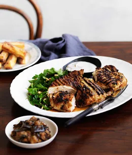 Roast Moroccan chicken with chickpea chips, eggplant pickle and parsley salad