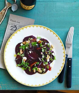 Carpaccio of beetroot, blood orange, feta and baby herbs