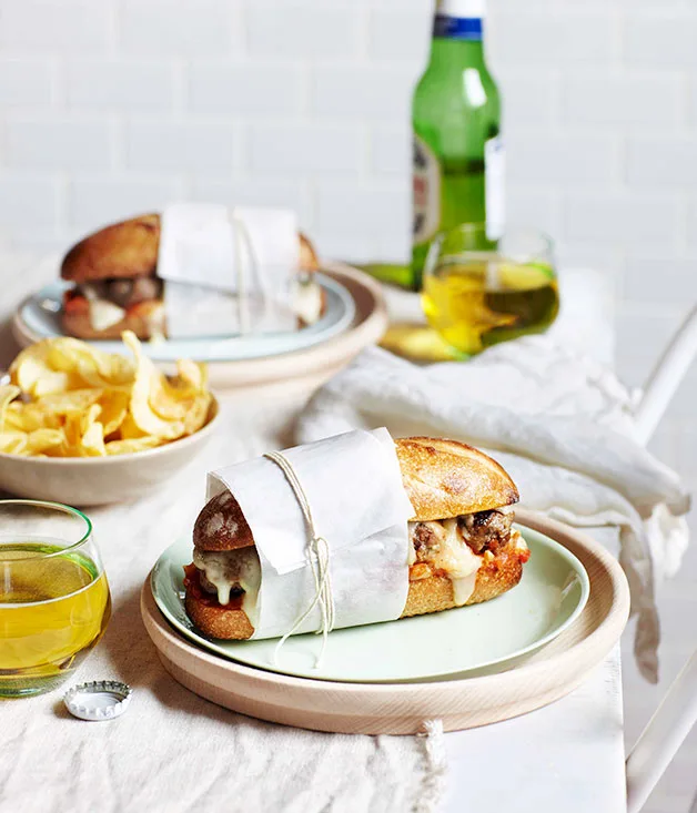 Meatball sandwich with tomato sauce and Fontina