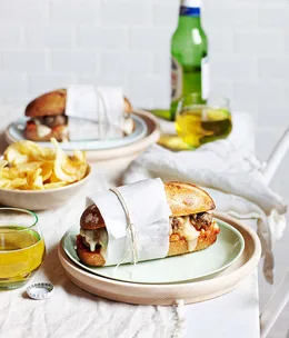 Meatball sandwich with tomato sauce and Fontina