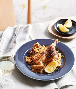 Spatchcock with cracked wheat pilaf
