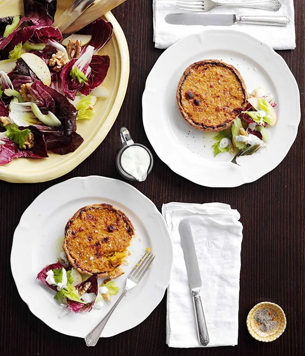 Pumpkin tortino with apple, celery and walnut salad and Gorgonzola dressing