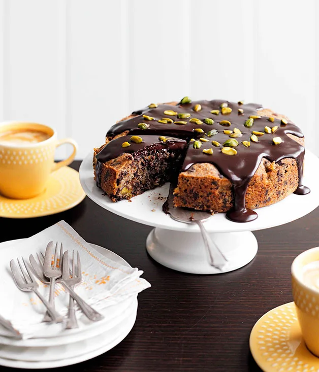 Dark chocolate, pear and pistachio cake