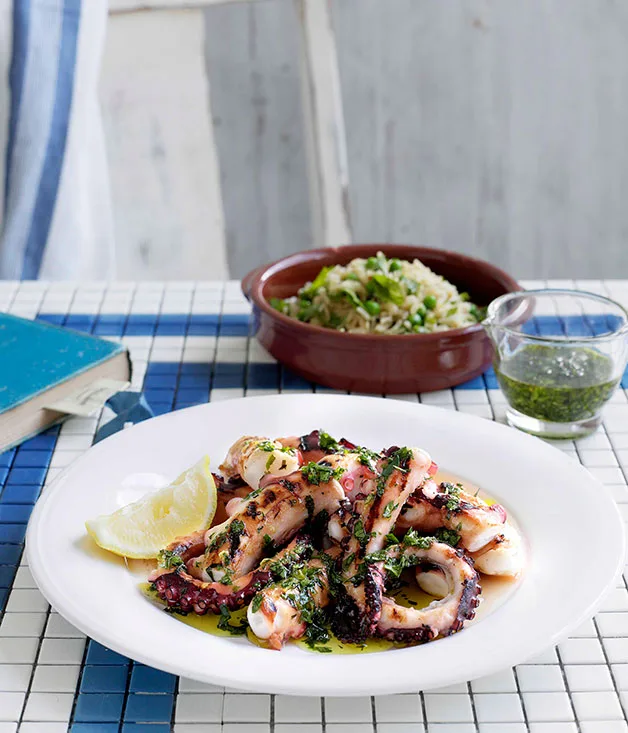 Octopus with pea, mint and shallot pilaf and Grecian salsa verde